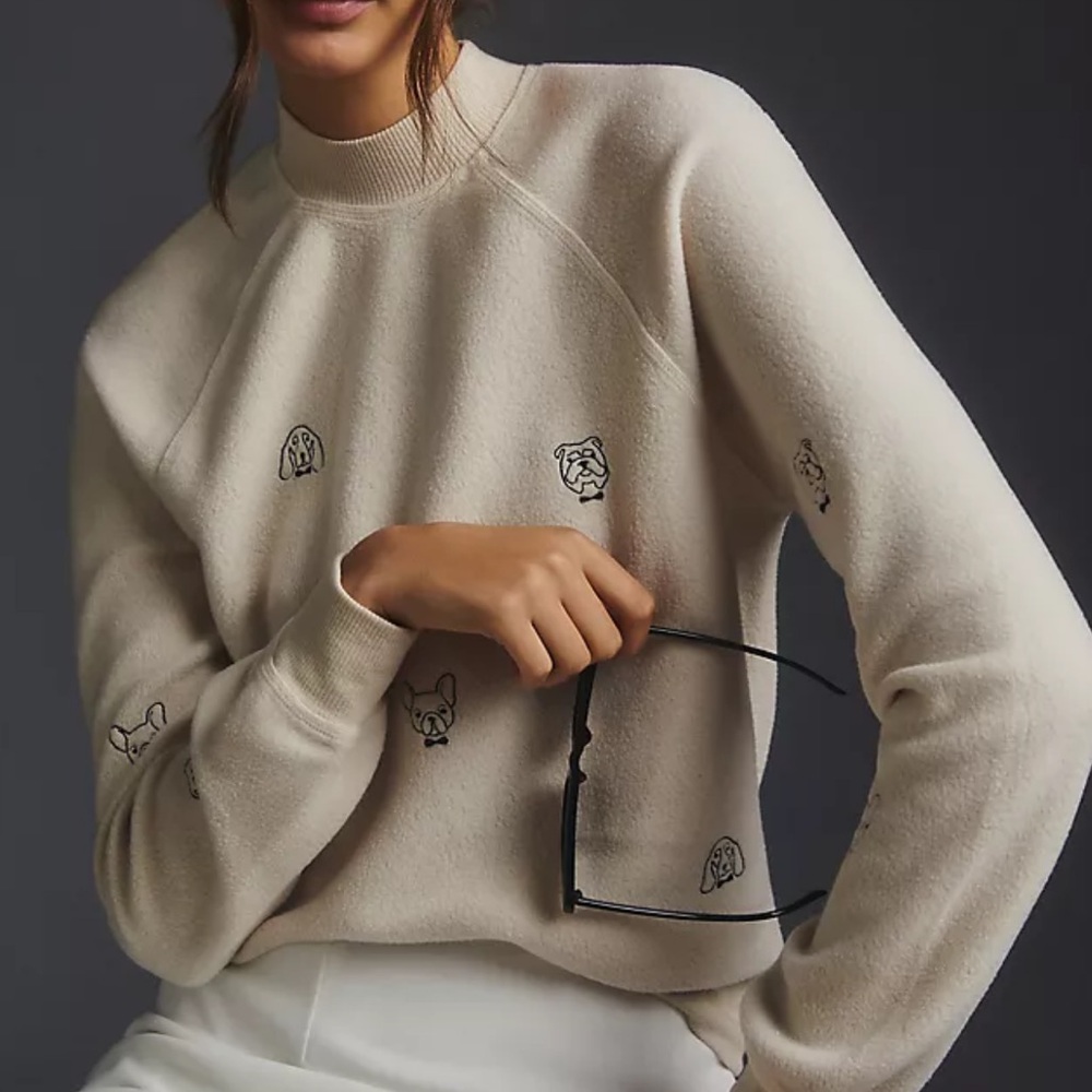 NWOT Anthropologie T.La Embroidered Dog Mock Neck Sweatshirt